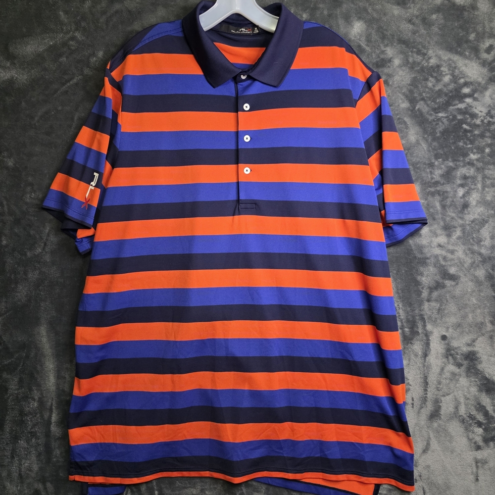 RLX Ralph Lauren Polo Shirt Mens XX Large Orange Blue Striped Golfing Golf